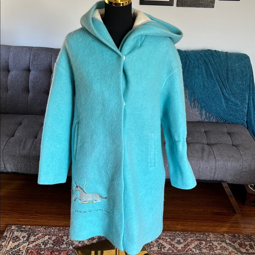 Urlazh Women's Blue Hooded Coat wool blend Unicorn design size Medium NWT